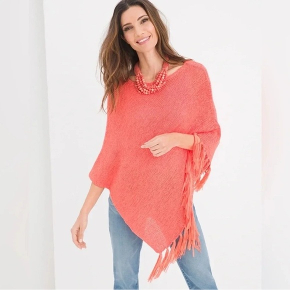 Chicos Poncho Orange Tape Yarn Knit Fringe Asymmetrical Pumpkin SZ Small Medium - Picture 10 of 15